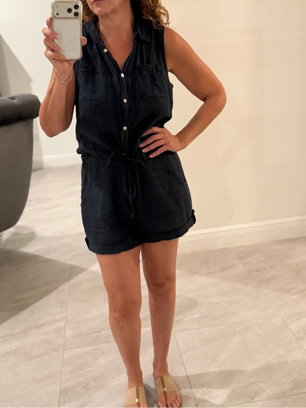Sleeveless Navy Drawstring Shorts Romper - Women's